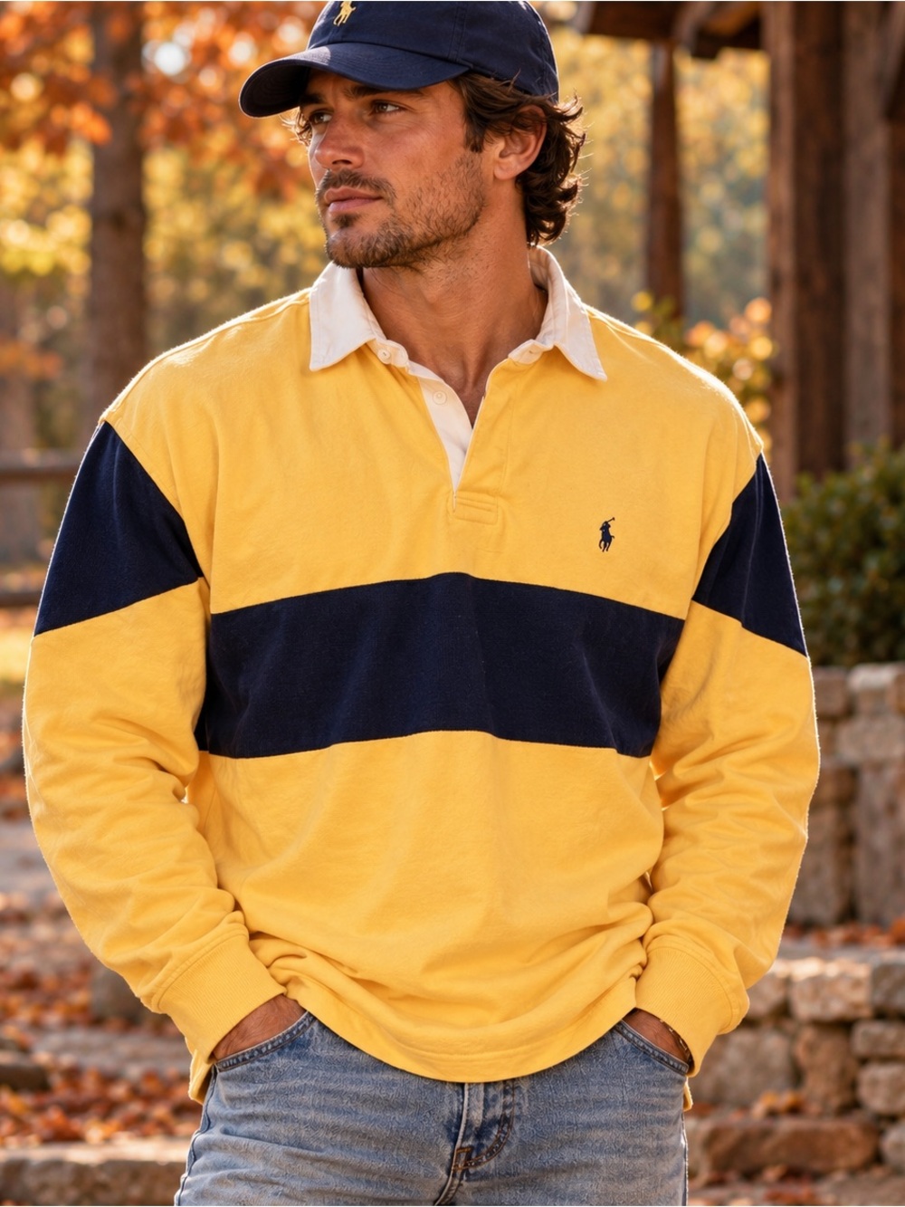 Polo Ralph Lauren Rugby Polo Shirt Men's XL Yellow Navy Wide Stripe LS